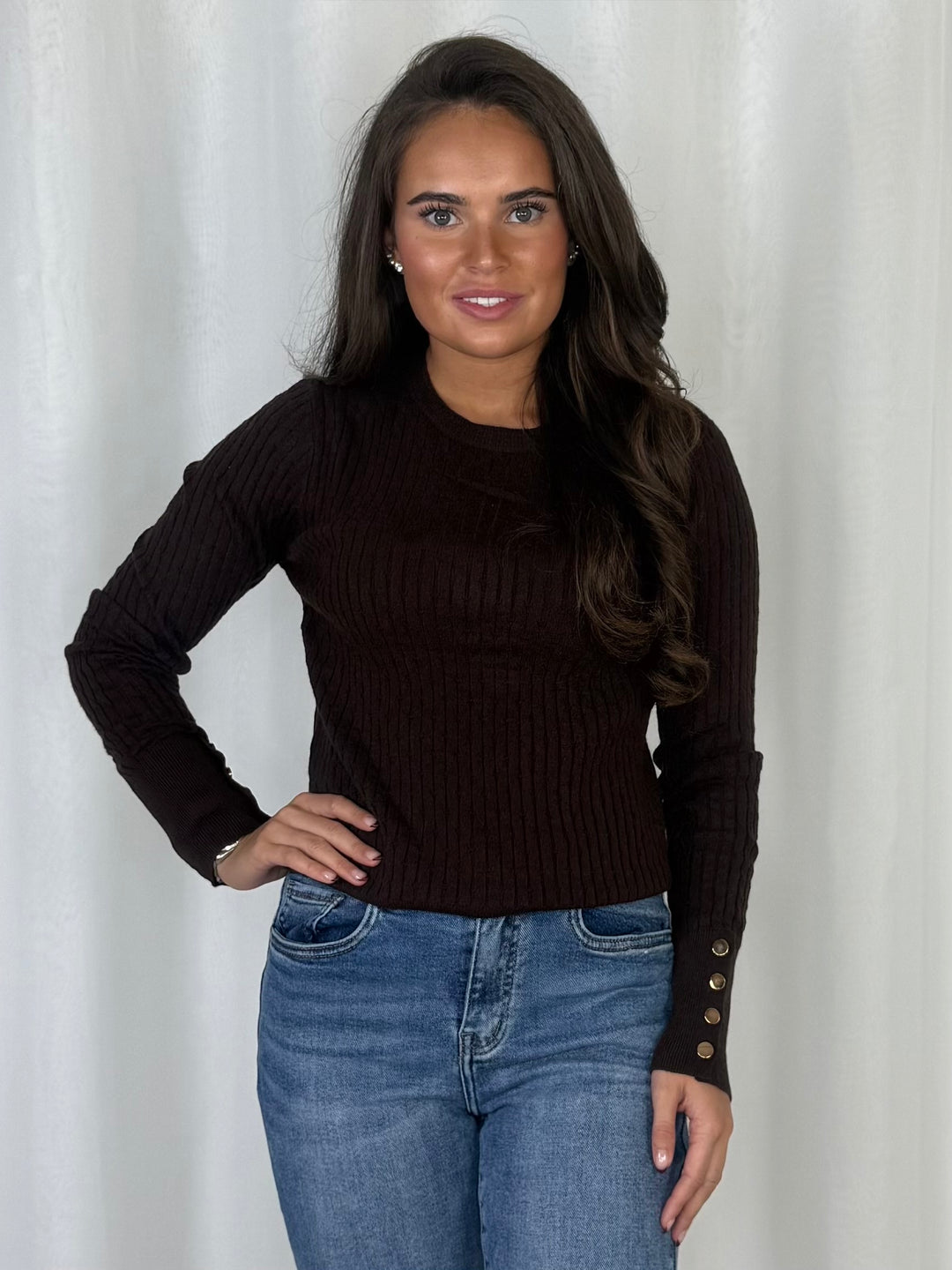 Fine Ribbed Knit Gold Button Cuff Jumper (6 Colours)