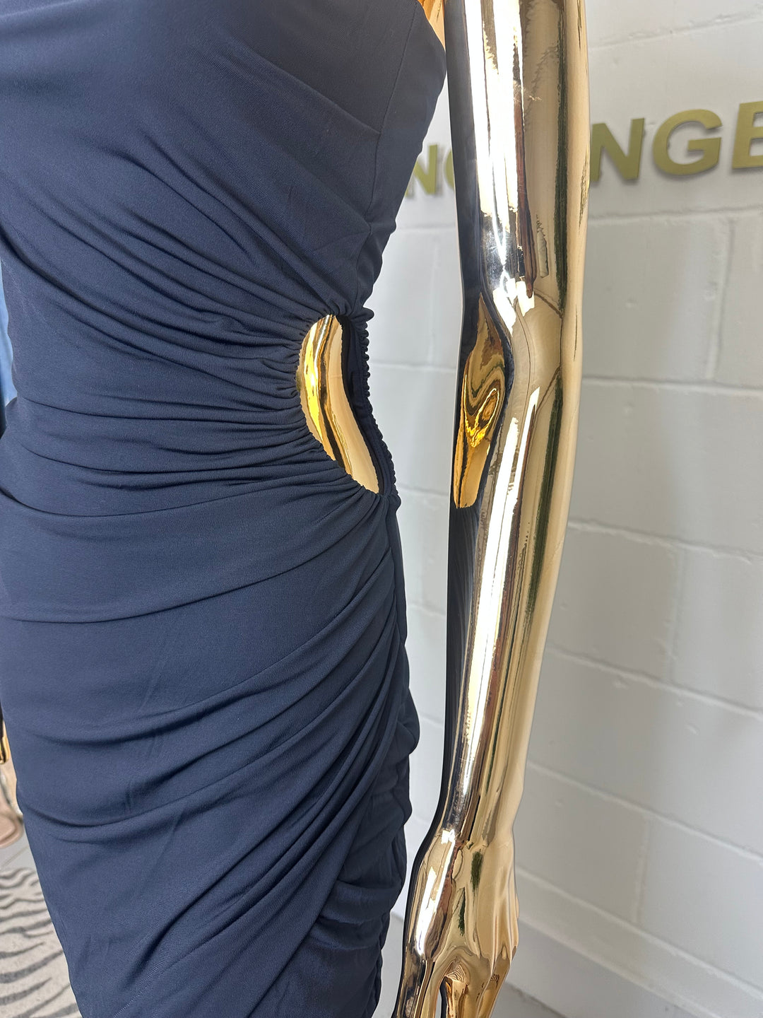 Navy One Shoulder Ruched Midi Dress