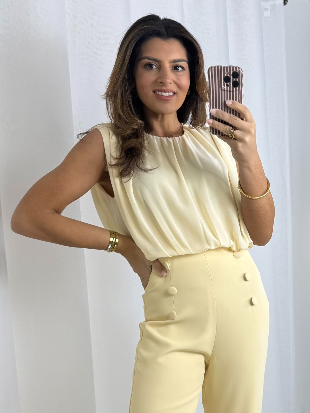 Butter Yellow Sleeveless Ruched Top Button Detail Jumpsuit