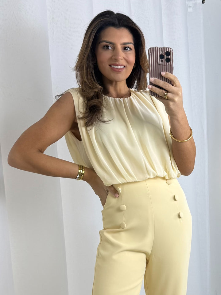 Butter Yellow Sleeveless Ruched Top Button Detail Jumpsuit