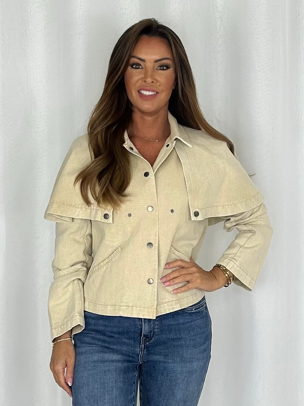 Beige Denim Cape Shoulder Jacket