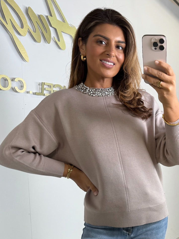 Mink Diamante Neckline Soft Knit Jumper