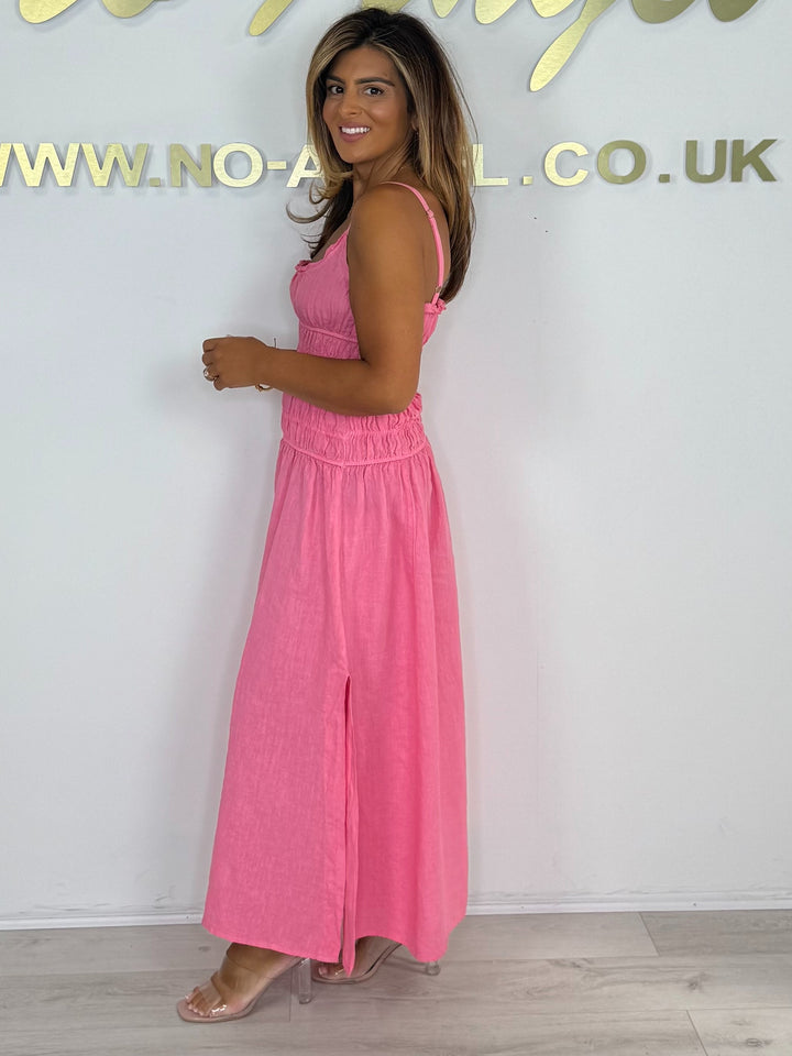 Linen Smocked Thin Strapped Side Split Maxi Dress (3 Colours)