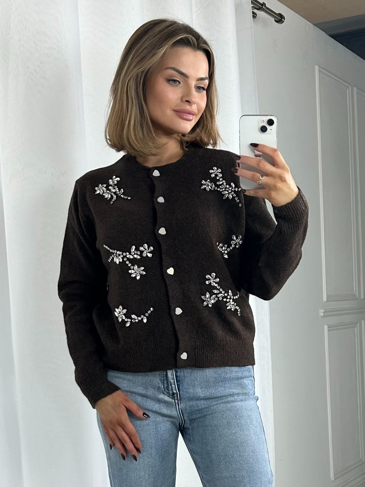 Soft Knit Jewelled Flower Detail Heart Shimmer Button Front Cardigan (2 Colours)