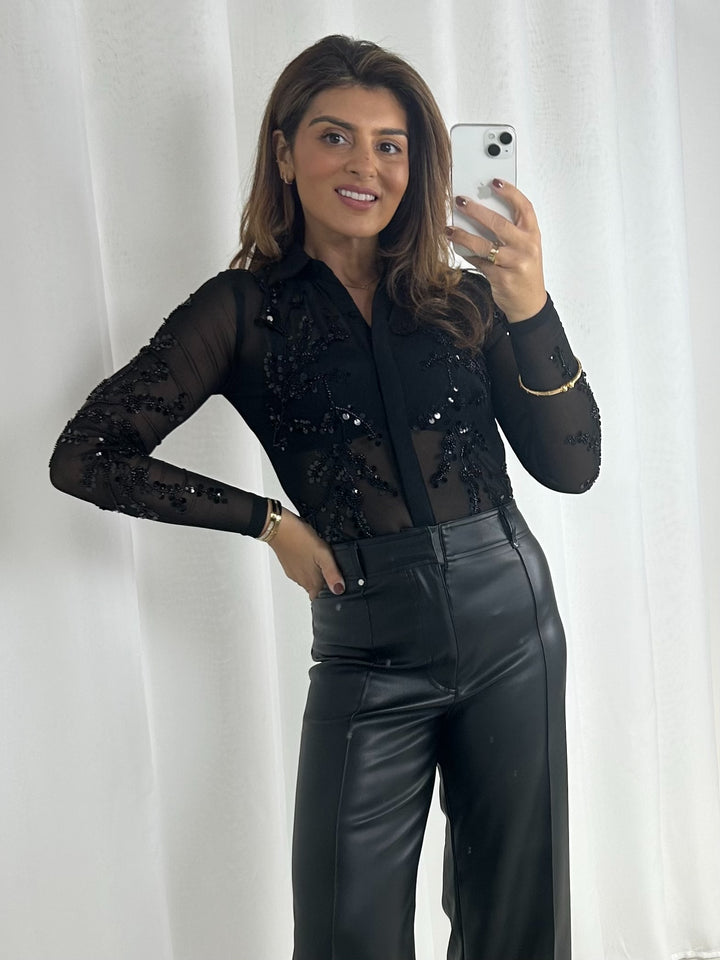 Black Sheer Sequin Flower Collared Button Up Bodysuit