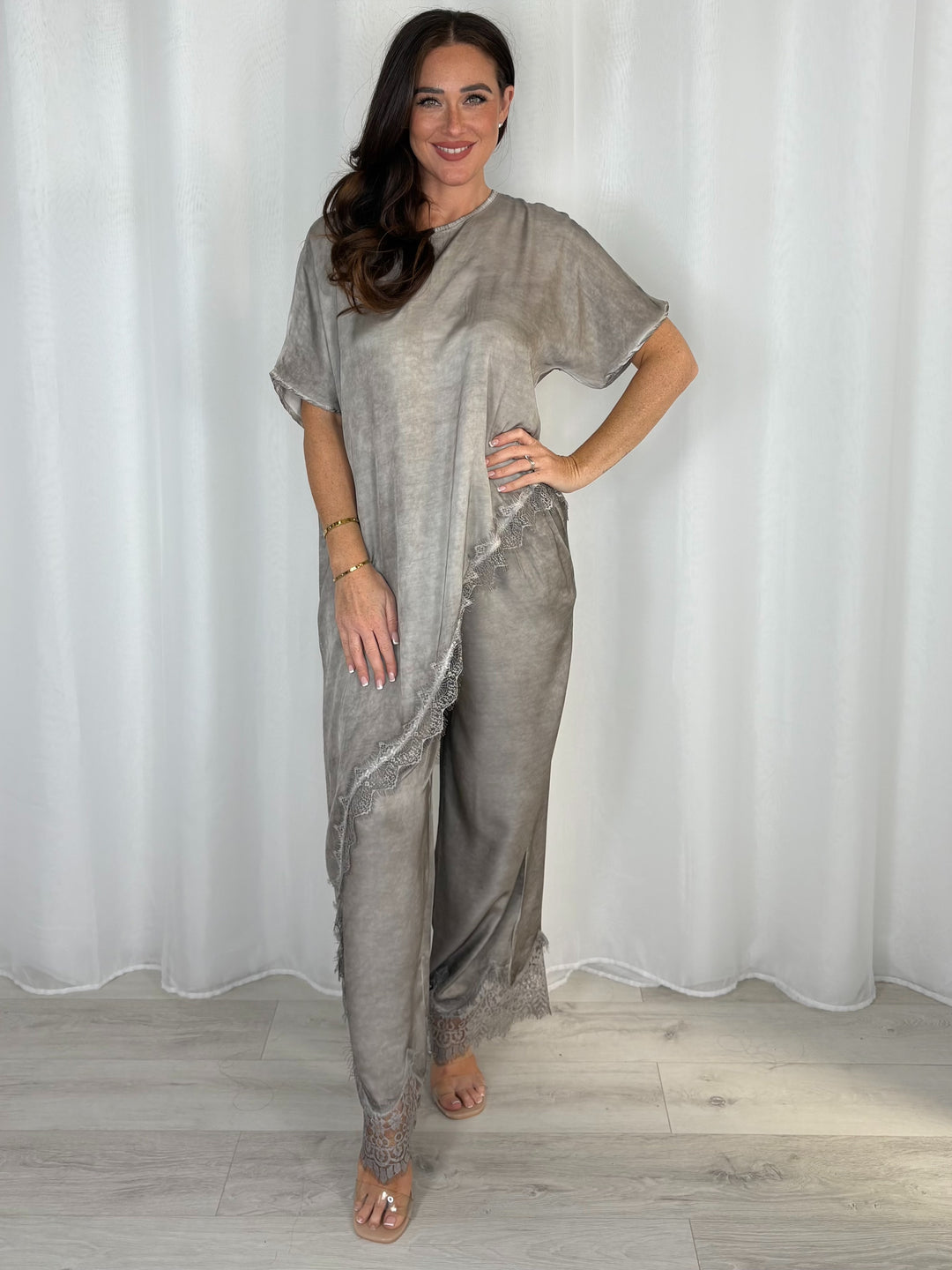 Asymmetric Top And Trouser Co-Ord With Lace Trim (3 Colours)