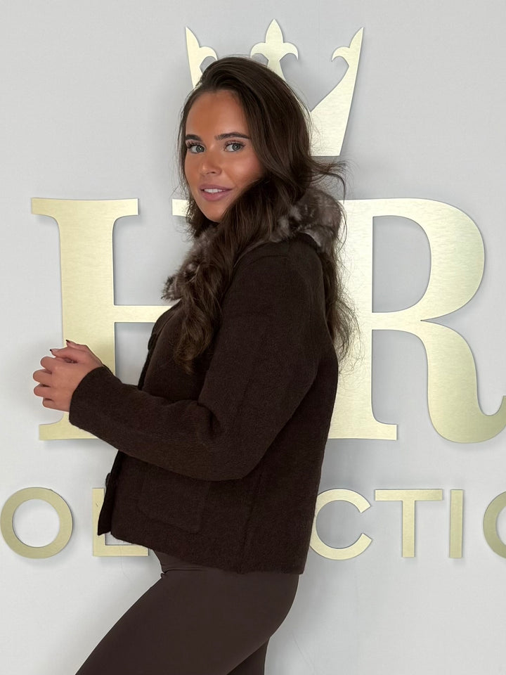 Brown Thick Knit Covered Button Deer Print Collar Cardigan
