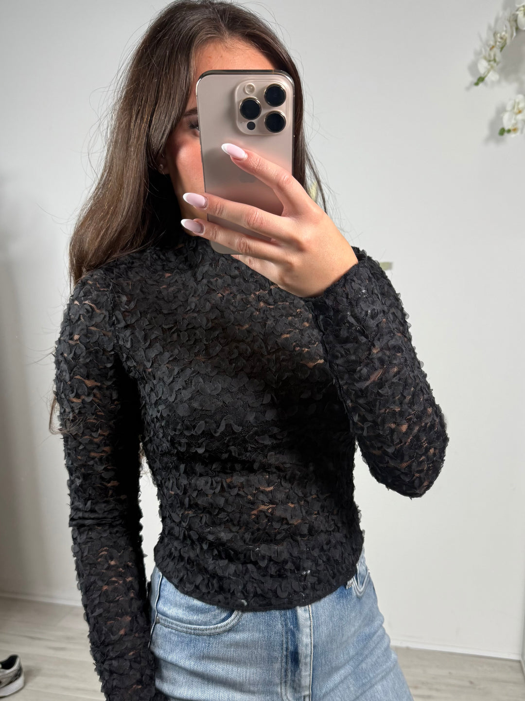 Textured Flower Detail Mesh Top (2 Colours)