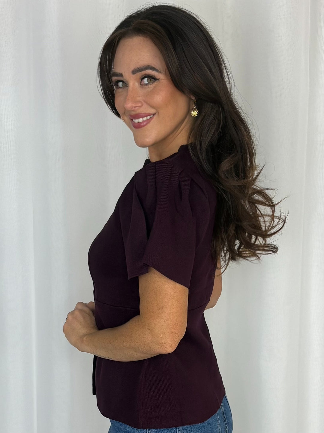 Covered Button Frill Sleeve Top (4 Colours)