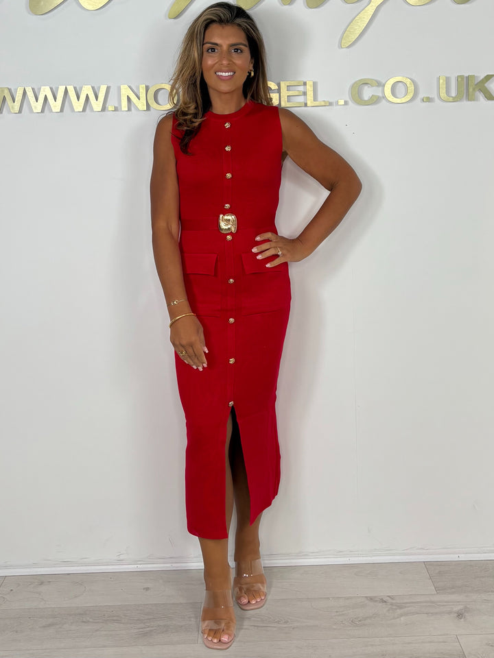 Soft Knit Sleeveless Gold Button Belted Split Front Midi Dress (5 Colours)