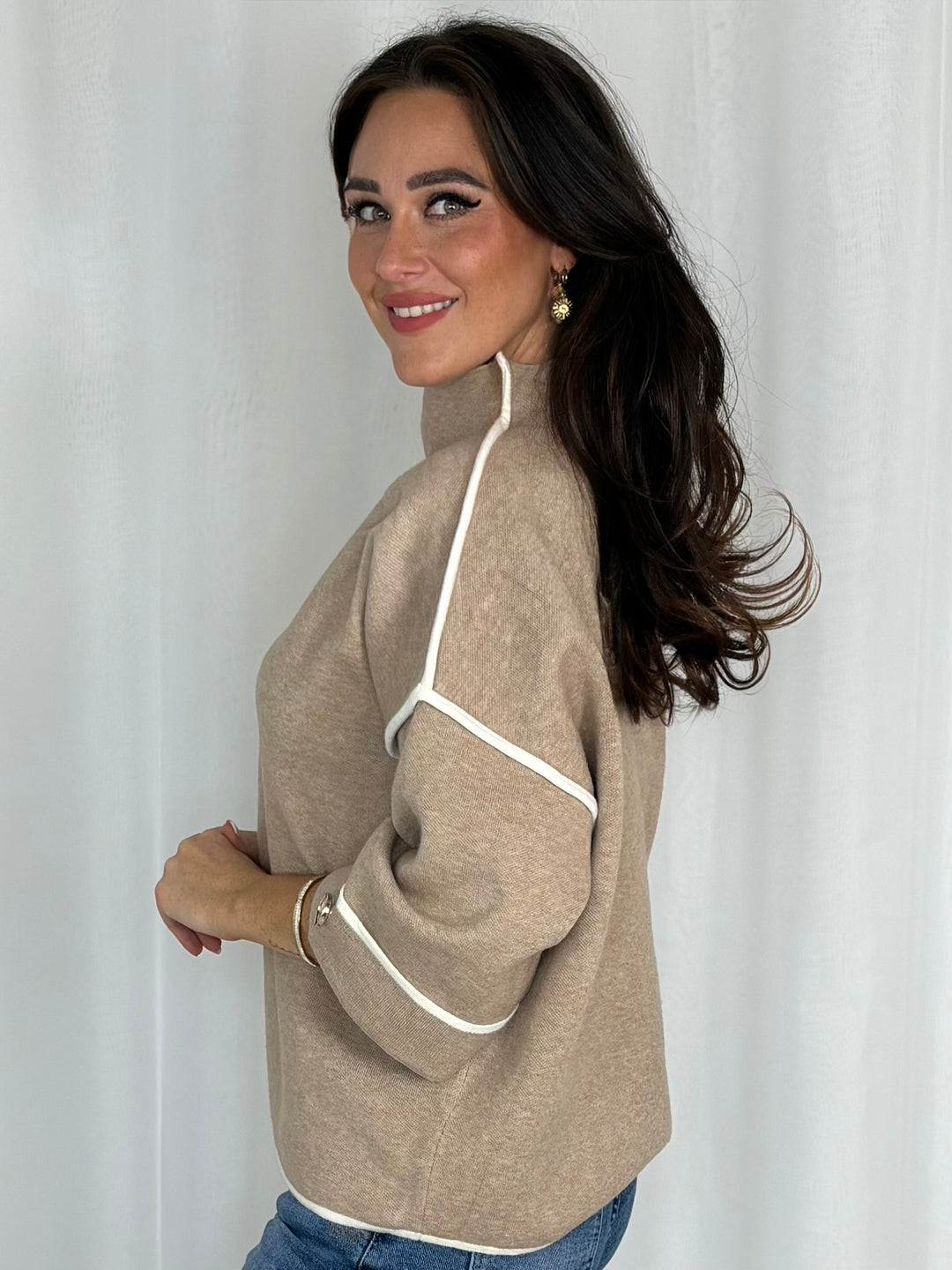 Contrast Trim High Neck Gold Button Detail Top (5 Colours)