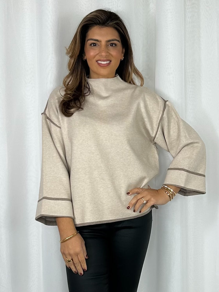 Turtle Neck Contrast Piping 3/4 Sleeve Jumper (5 Colours)