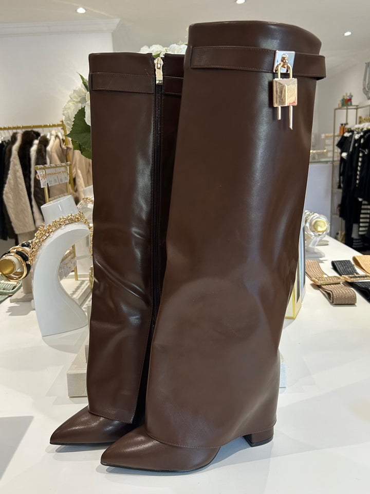 Gold Buckle Faux Leather Fold Over Knee High Boots (2 Colours)