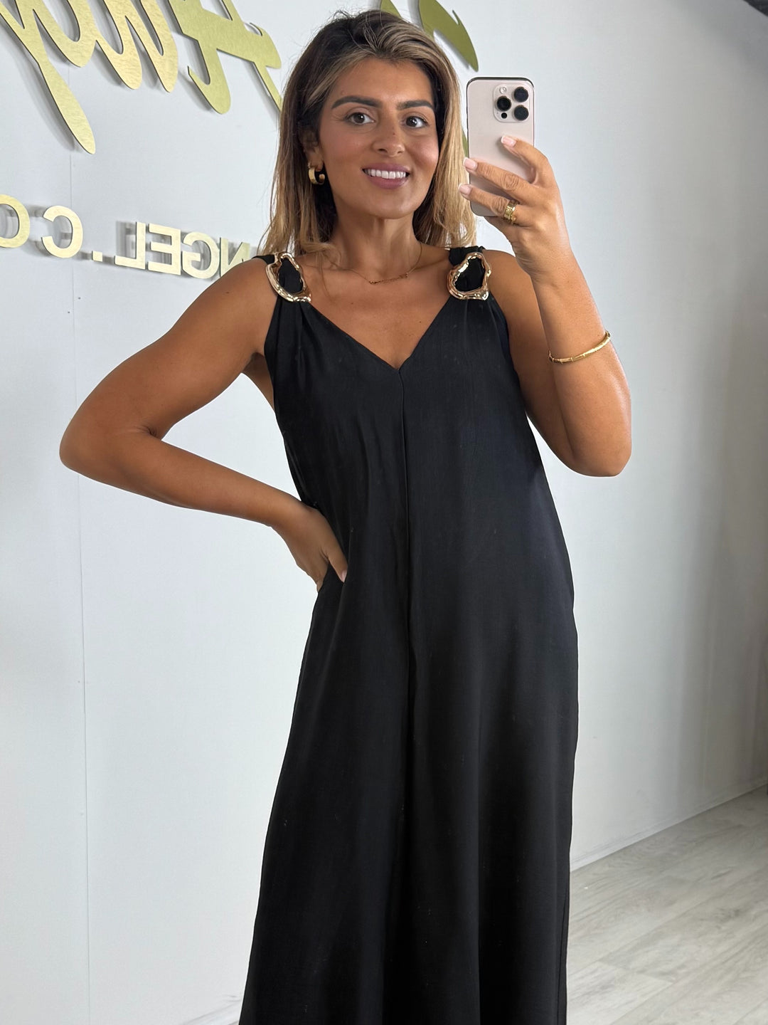 V-Neck Gold Hardware Thick Strap Floaty Jumpsuit (2 Colours)