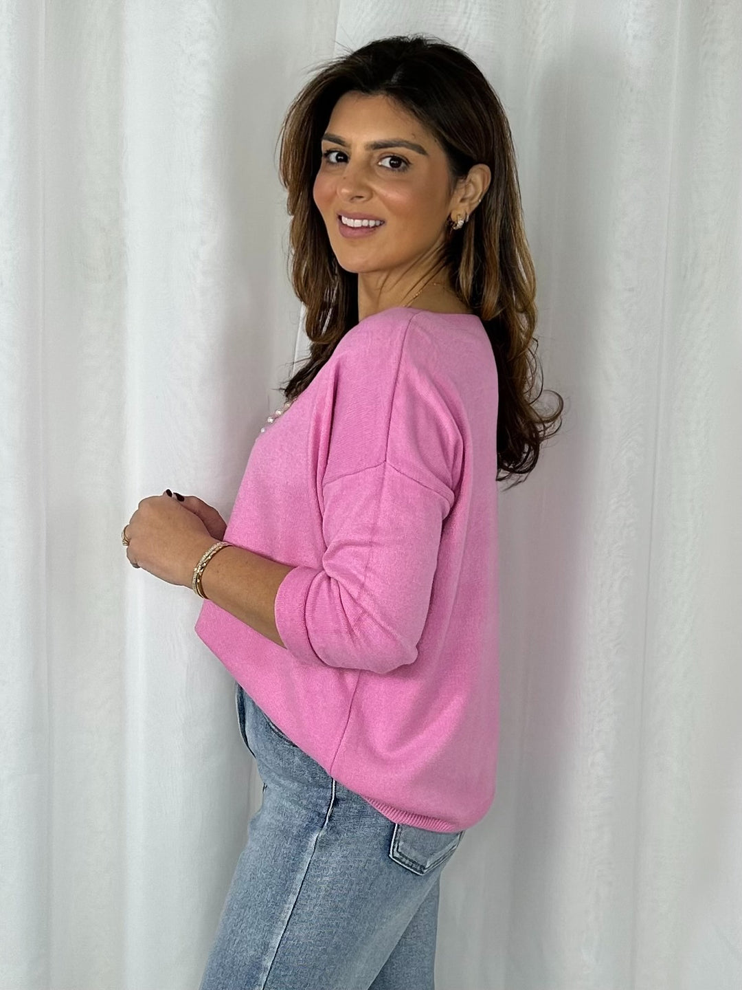 V-Neck Soft Knit Pearl Heart Detail Jumper (5 Colours)