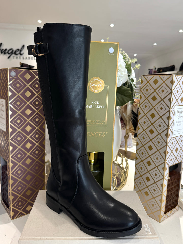 Elastic Back Gold Buckle Knee High Boots (2 Colours)