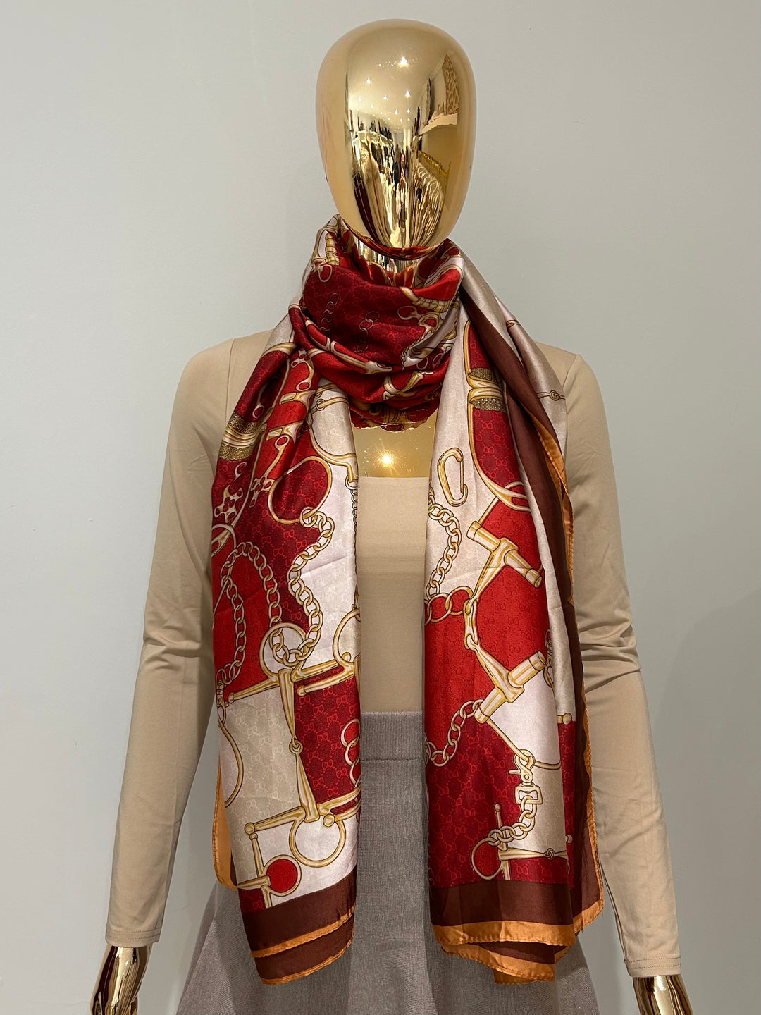 Satin Printed Chain And Border Detail Scarf (2 Colours)