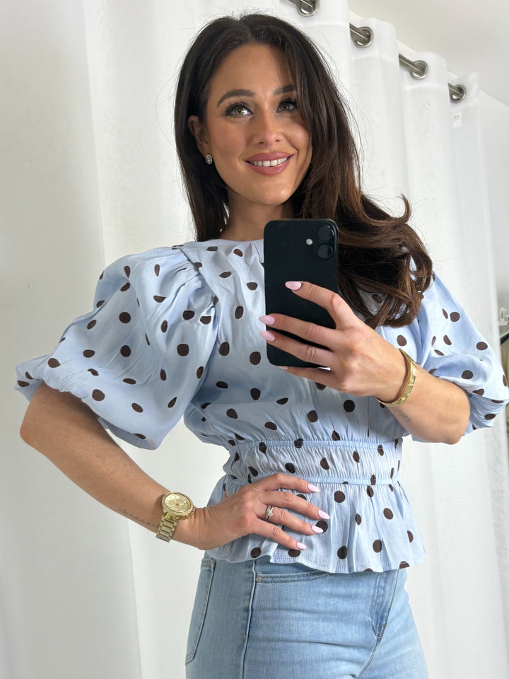 Blue/Brown Polka Dot Balloon Sleeve Smocked Waist Top