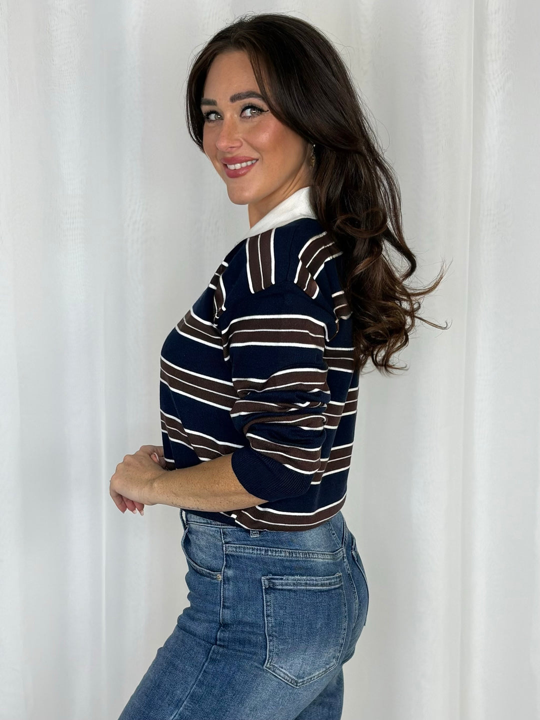 Striped Polo Top With Gold Button Detail (2 Colours)