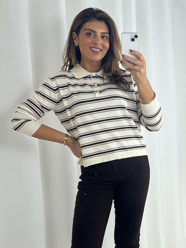 Soft Knit Striped Polo Jumper