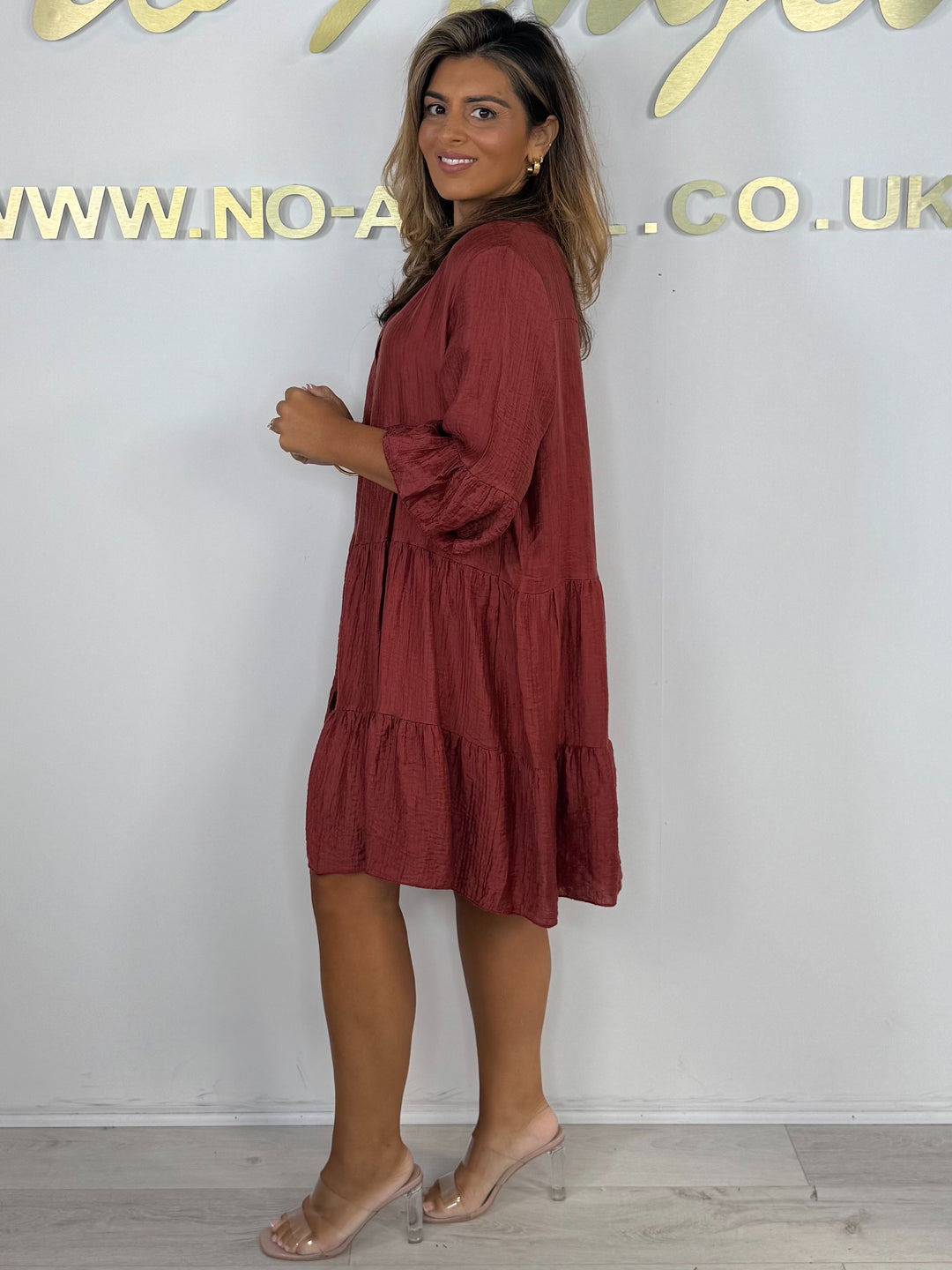 Button V-Neck Tiered Bell Sleeve Swing Dress (4 Colours)