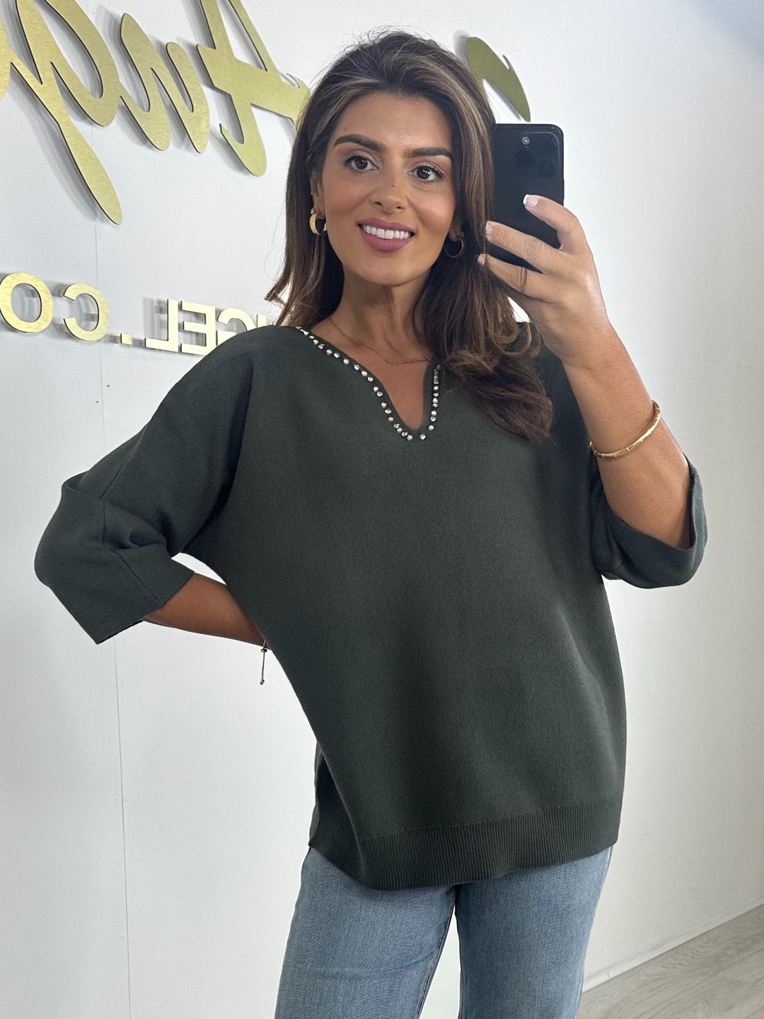 Soft Knit V-Neck Pearl Trim Jumper (6 Colours)