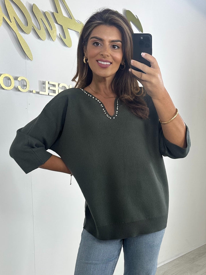 Soft Knit V-Neck Pearl Trim Jumper (6 Colours)