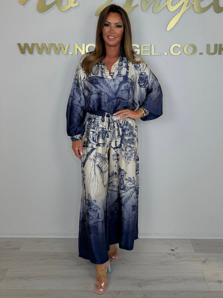 Silk Mix Navy / Cream Collared Balloon Sleeve Shirt & Trouser Co-ord