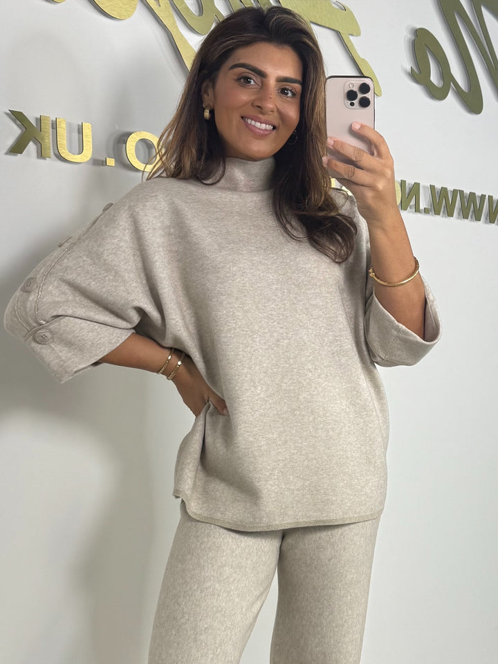 Turtle Neck 3/4 Sleeve Shimmer Trim Button Detail Trouser Co-ord (6 Colours)