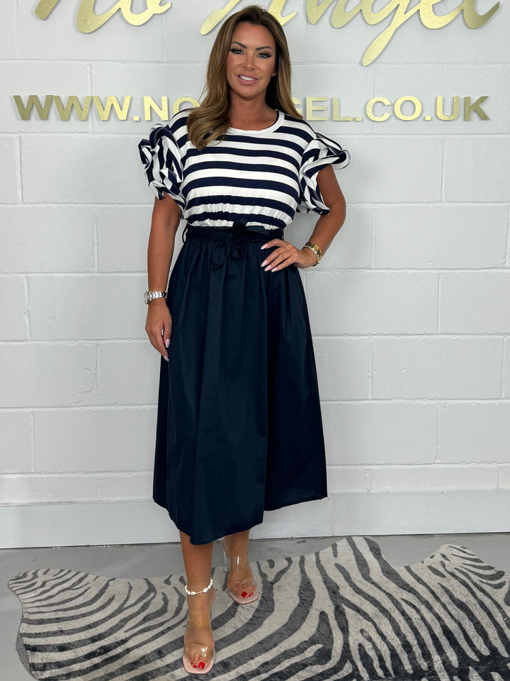 Ruffle Sleeve Striped T-Shirt Style Midi Dress ( 2 colours )