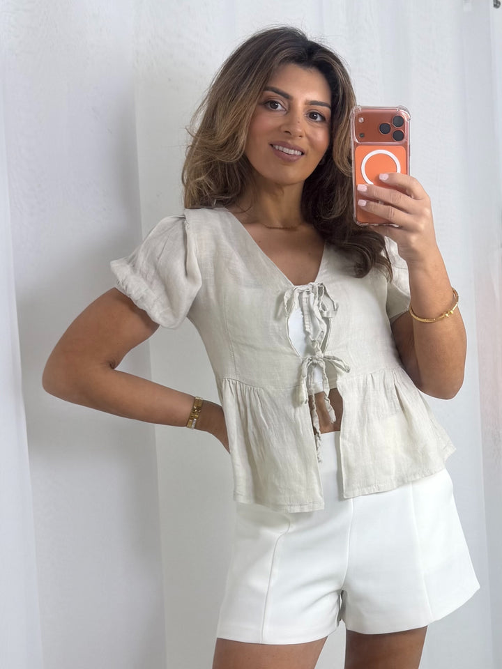 Linen Puff Sleeve Peplum Tie Front Top (6 Colours)