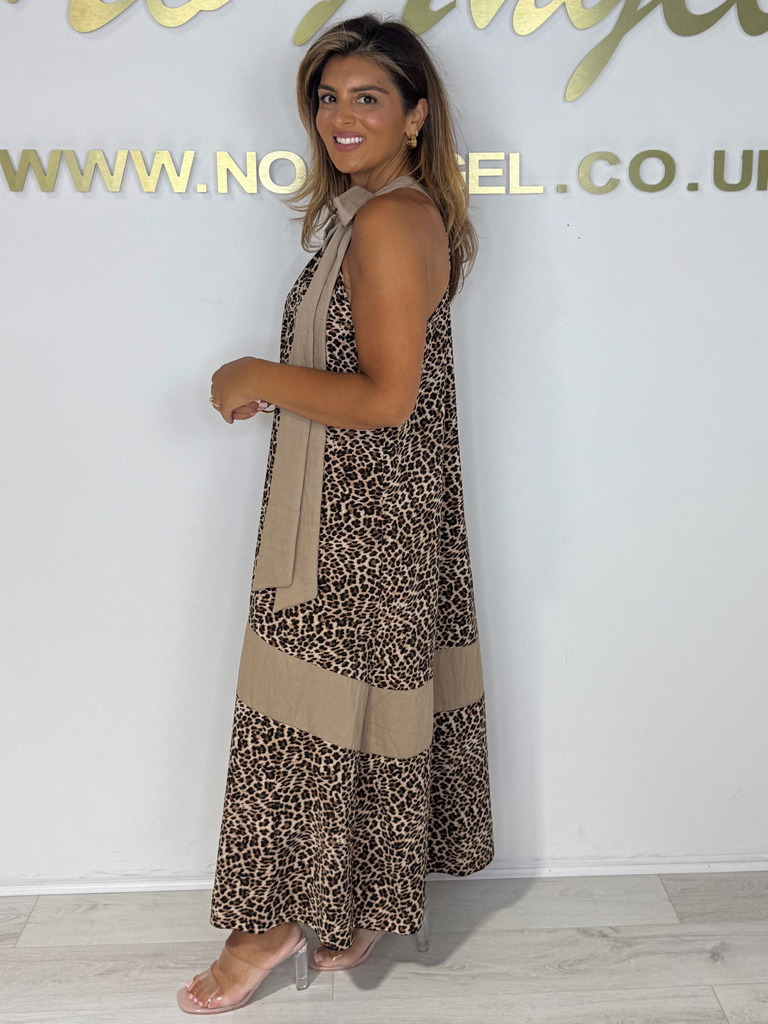 Leopard Print Tie Neck Floaty Dress (2 Colours)