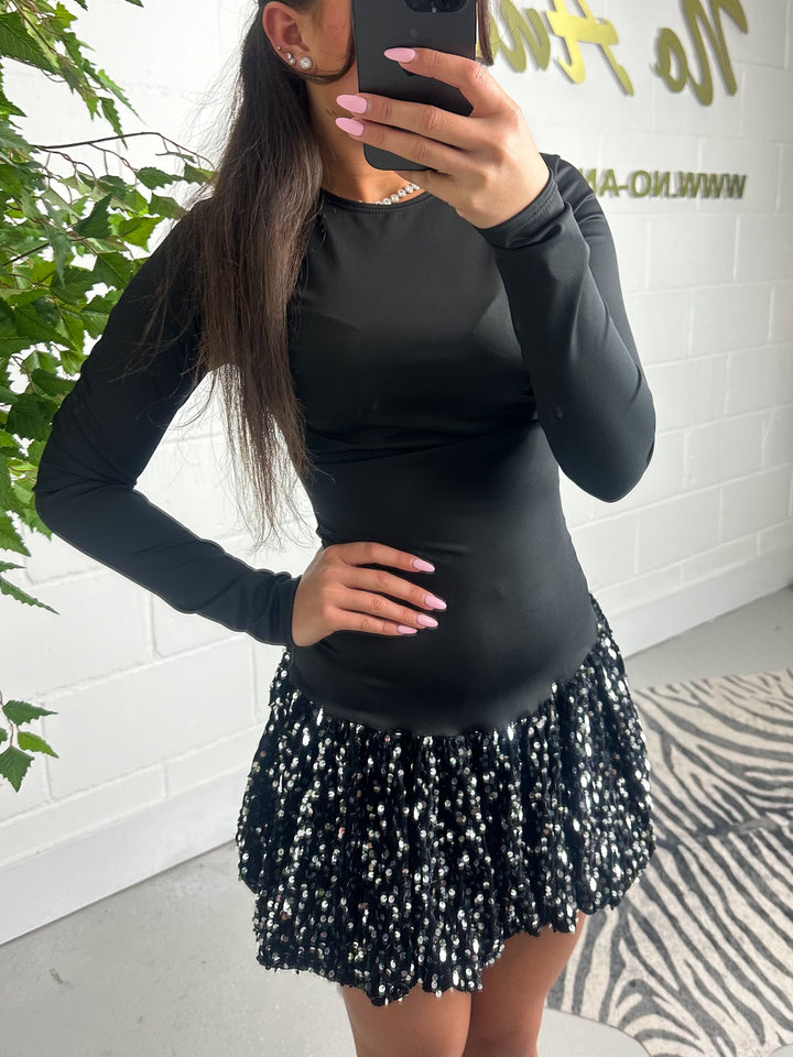 Long Sleeve Sequin Bottom Puff Ball Dress (2 Colours)