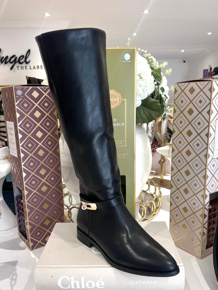 Gold Lock Buckle Pointed Toe Knee High Boots (2 Colours)
