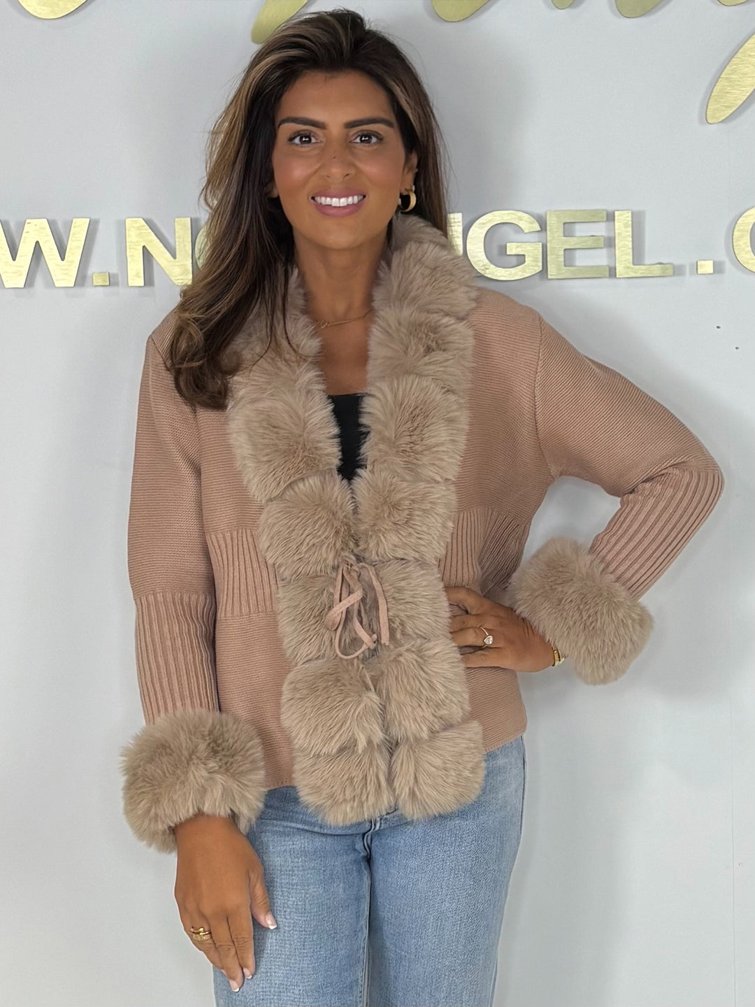 Faux Fur Trim Thick Knit Drawstring Detail Cardigan (4 Colours)