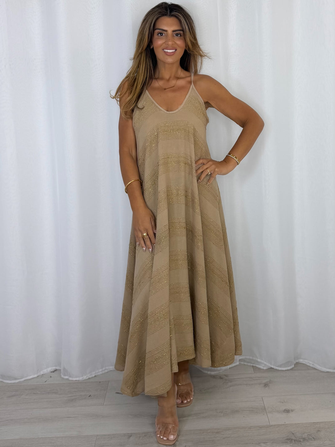 V-Neck Strap Gold Fleck Maxi Dress (4 Colours)