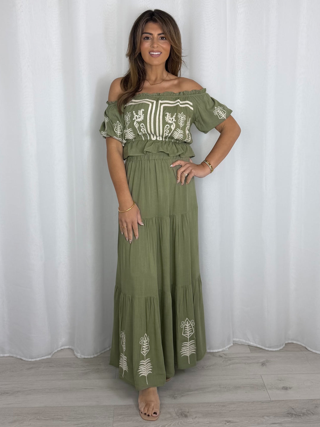 Embroidered Aztec Print Bardot Top & Maxi Skirt Co-Ord (2 Colours)