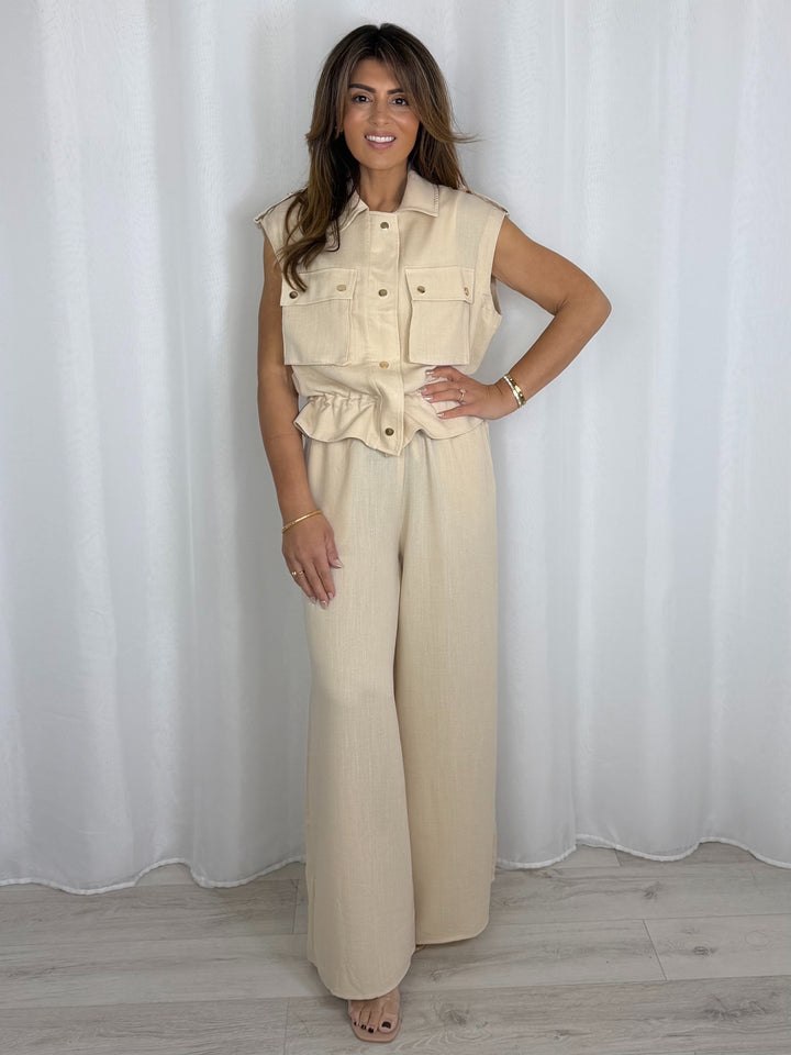 Beige Sleeveless Gold Button Trouser Co-Ord