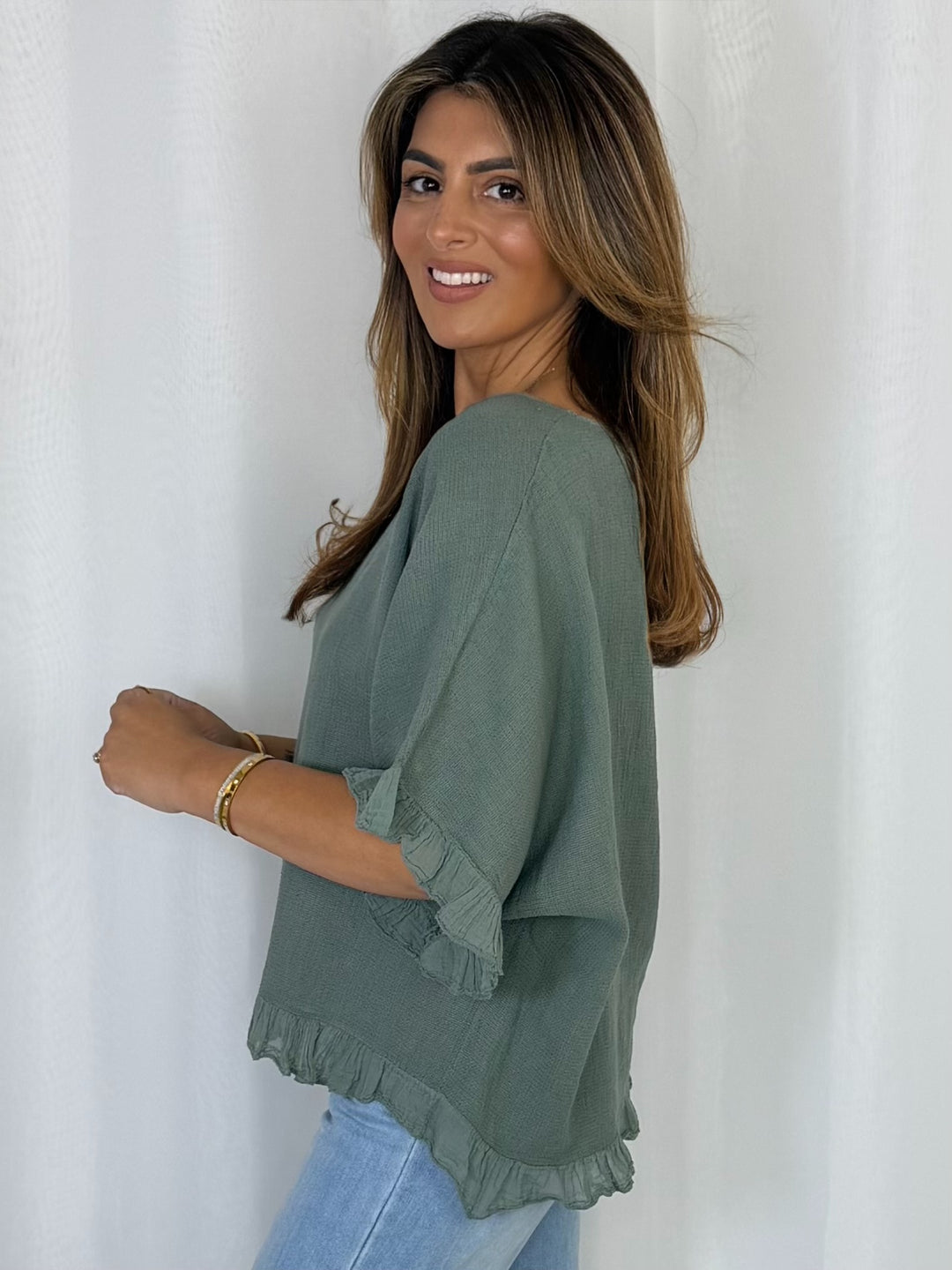 Frill Trim Batwing Top (10 Colours)