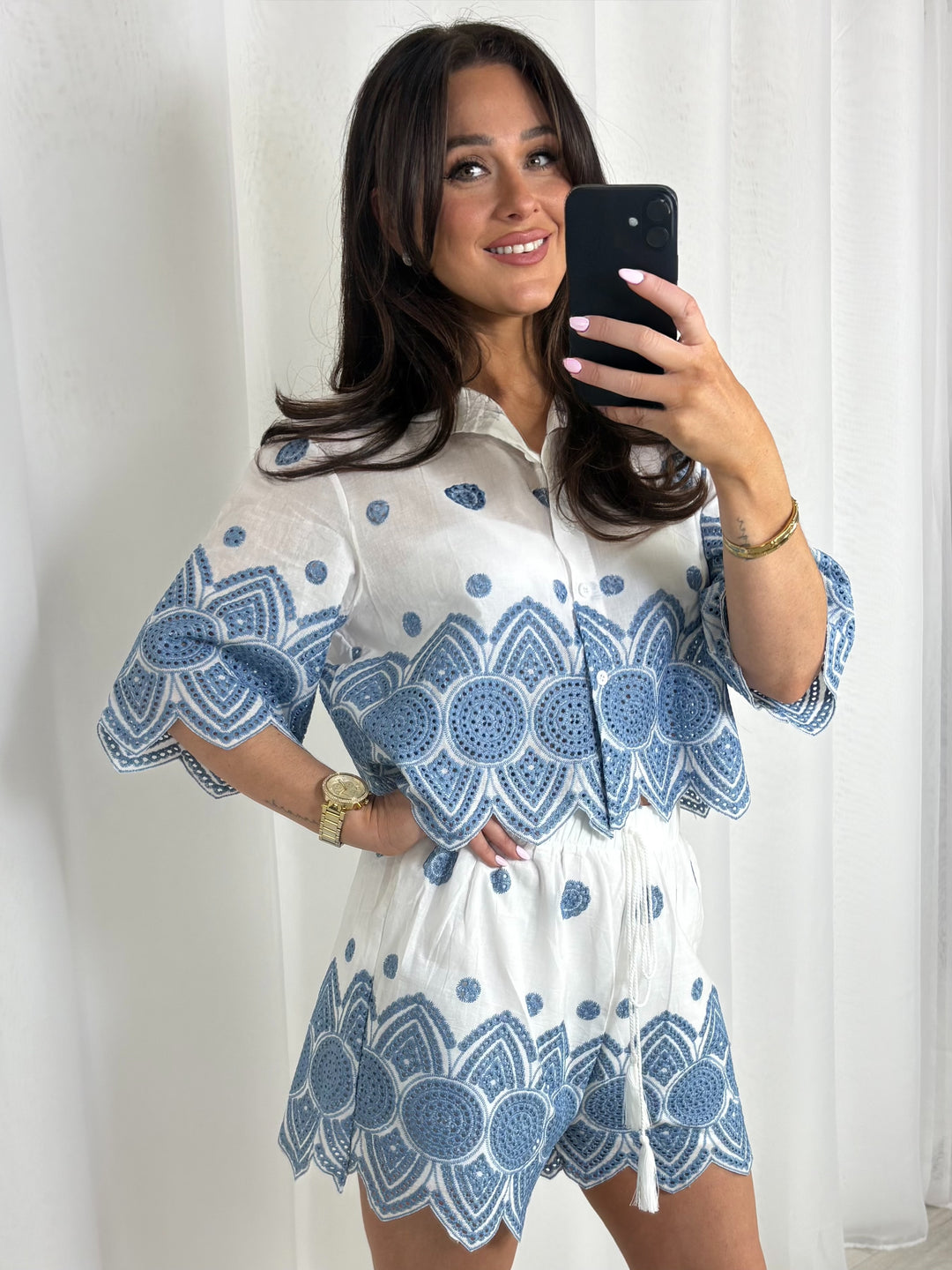 Blue Laser Cut Out Trim Detail Shorts Co-Ord