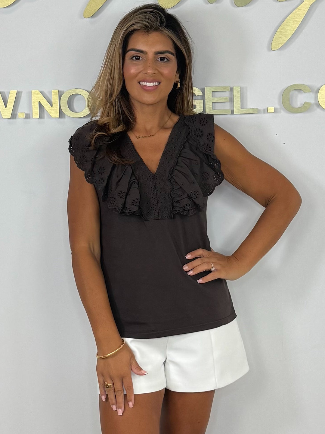 V-Neck Embroidery Anglaise Frill Top (4 Colours)