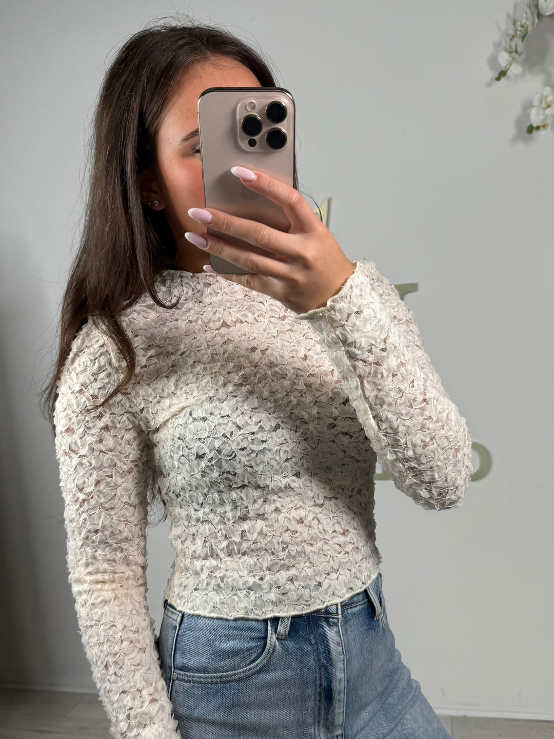 Textured Flower Detail Mesh Top (2 Colours)