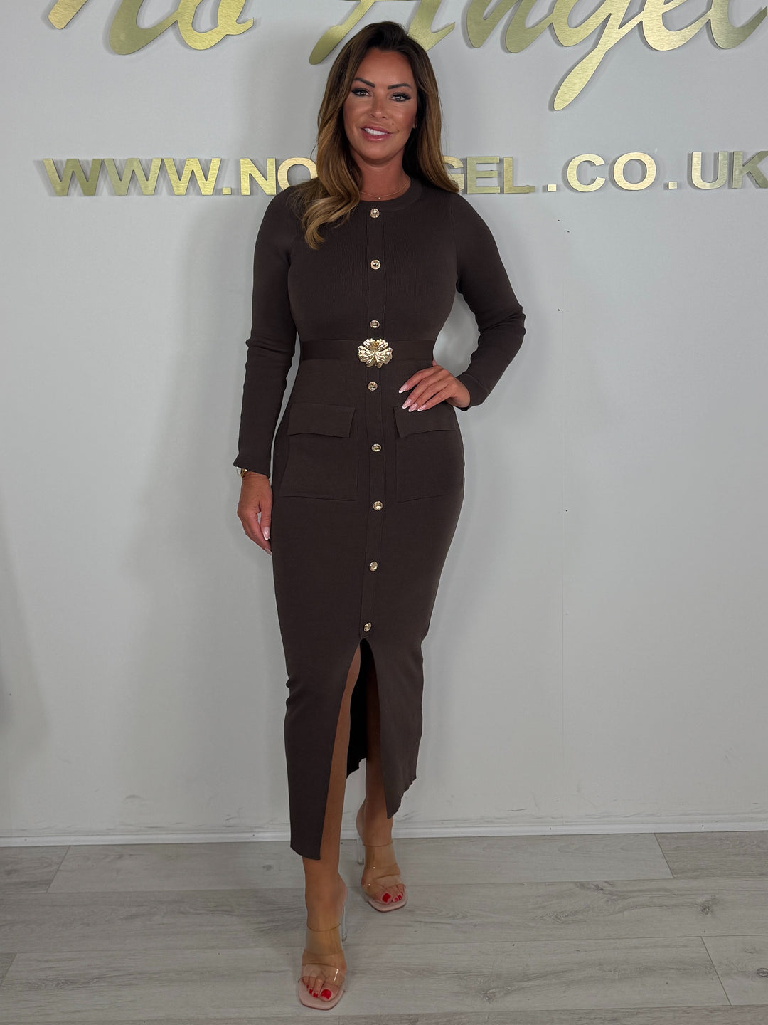 Soft Knit Long Sleeve Gold Button Belted Belted Split Front Maxi Dress (5 Colours)