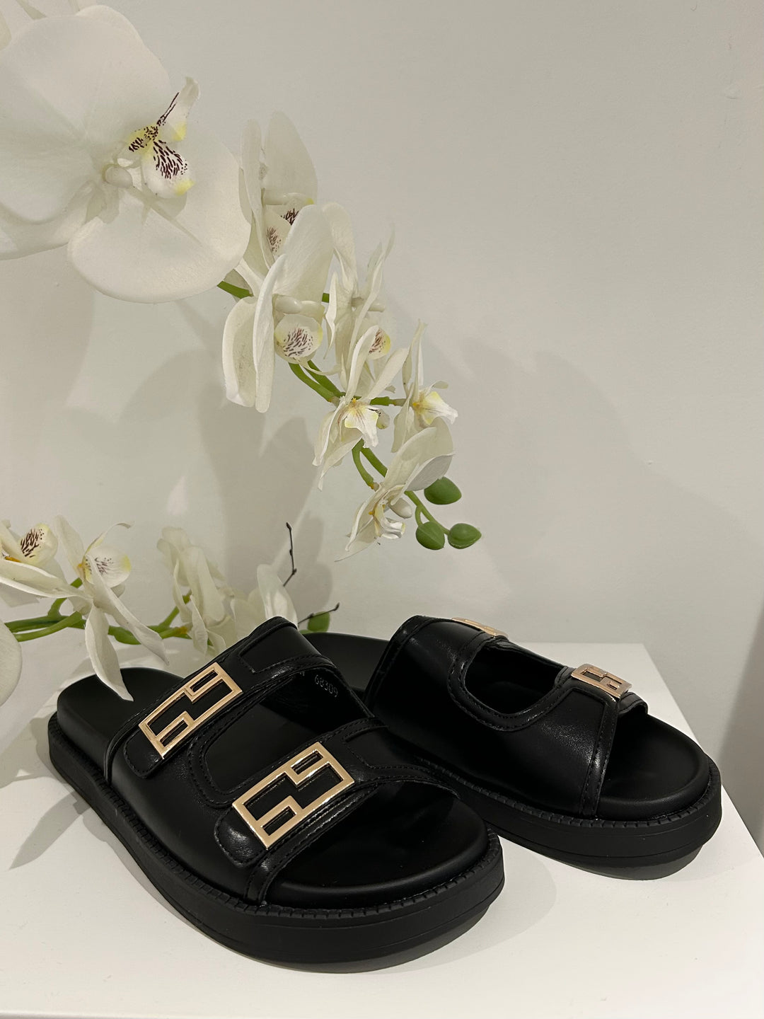 Black Double Gold Buckle Sliders