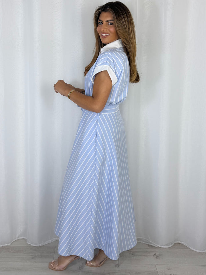 Full Length A-Line Pinstripe Button Up Dress
