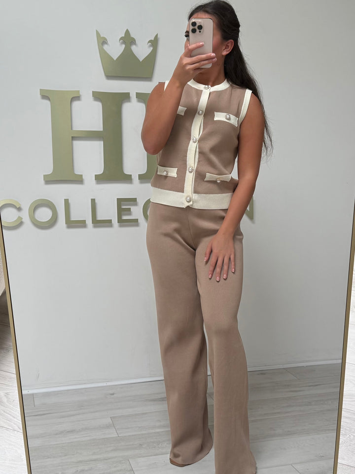 Biscuit/Cream Pearl Button Sleeveless Top & Trouser Co-ord