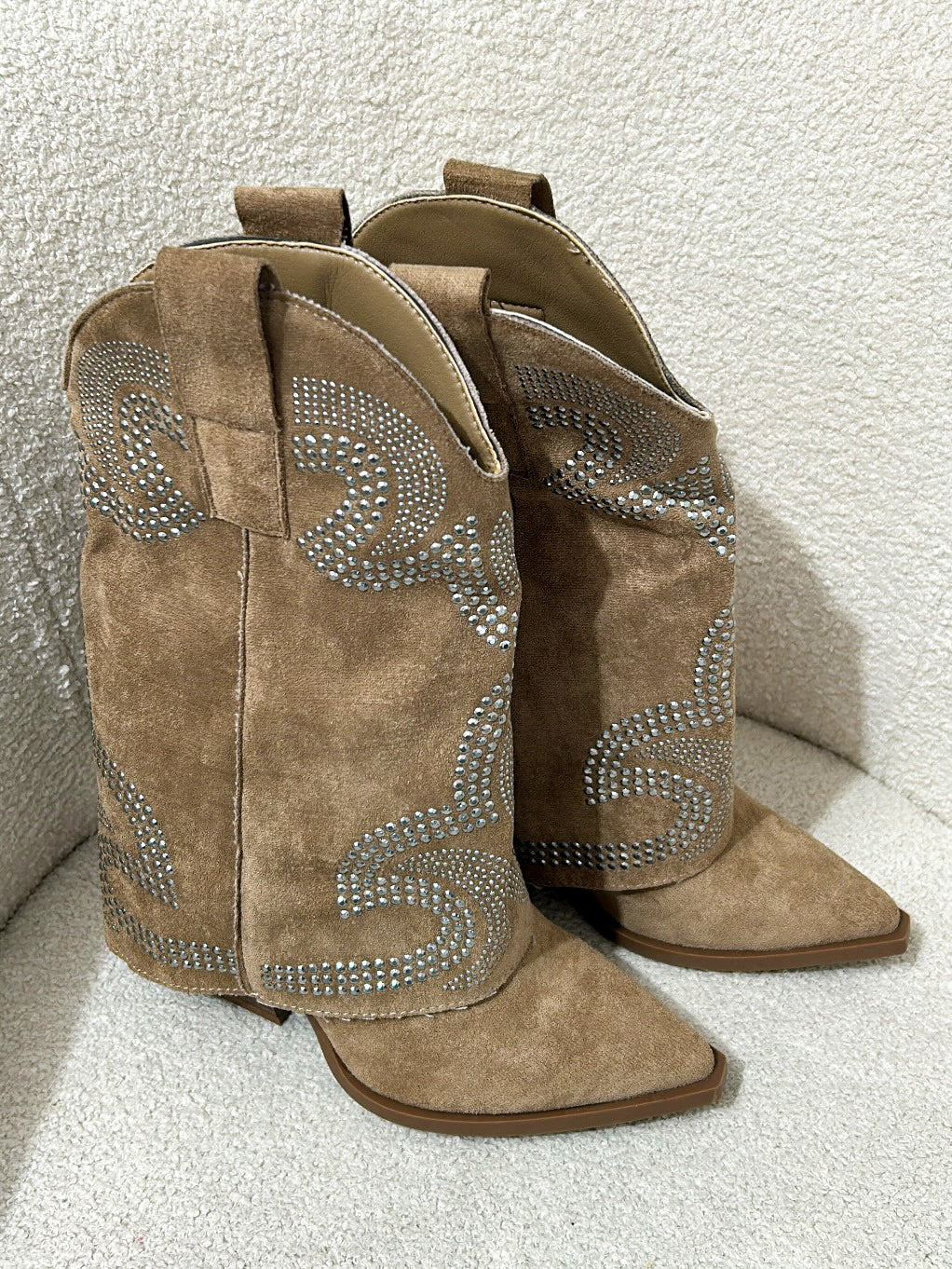 Camel Studded Fold Over Cowboy Boot