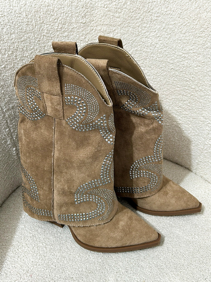Camel Studded Fold Over Cowboy Boot