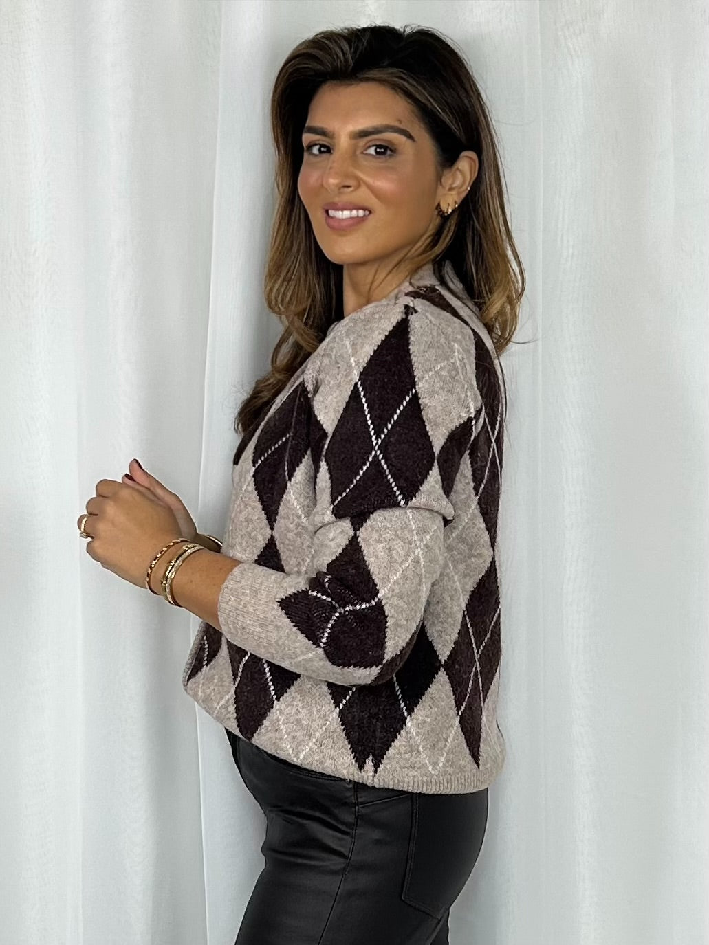 Brown Diamond Design Button Cardigan