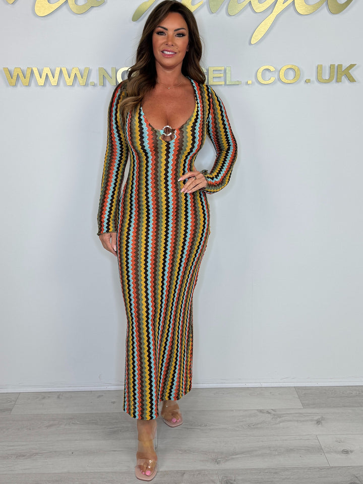PRE ORDER : (15TH April)Long Bell Sleeve V-Neck Gold Ring Detail Zigzag Dress (4 Colours)